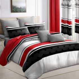 Quilted Bedspread & Curtain Set 9 Piece, Queen Size - Bedding Ensemble with Sheer Filtering Drapes, 1.6" Grommet Top, Machine Washable (Color: Red/Black Stripes, size: TWIN)
